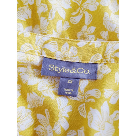 Style & Co Womens 2X Yellow White Floral Rayon Boho Blouse Peasant Top - Picture 6 of 10